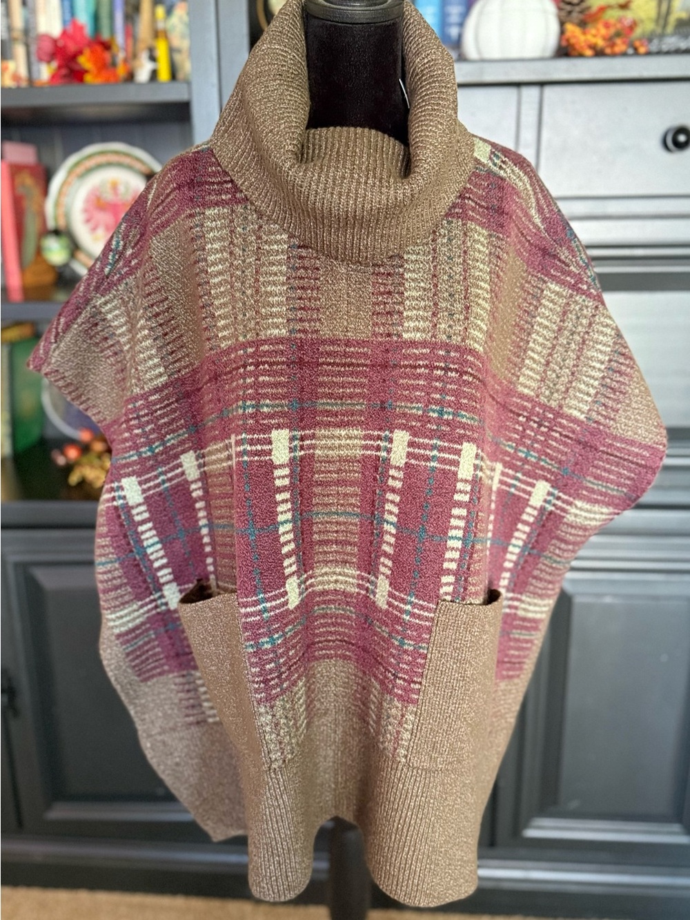 NWT Talbots plaid turtleneck poncho Fall winter warm cozy chic large pockets M/L